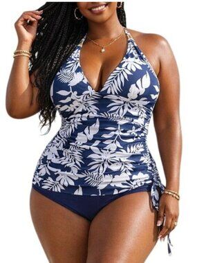 Suukess Size Large Tankini Set 2-Piece Blue Floral Adjustable Halter Backless